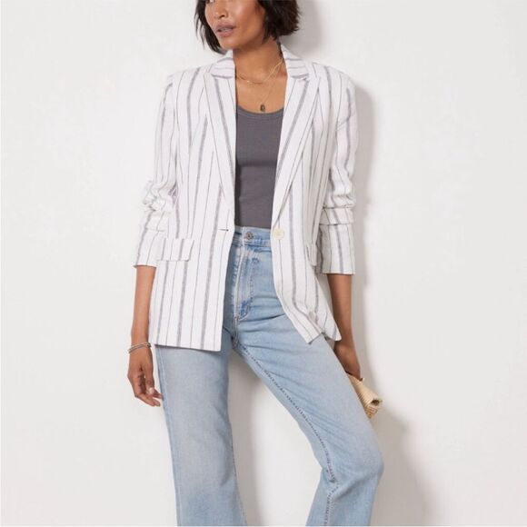 NWT Evereve Kinley Stripe Linen Blend Blazer in White and Black Stripe - Size XS - Picture 1 of 9